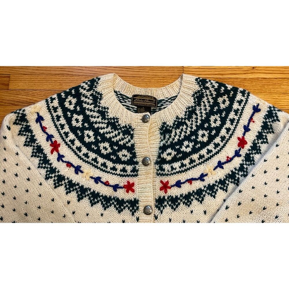 Vintage 80s Women’s Large Eddie Bauer Holiday XMAS Wool Cardigan Sweater - Picture 5 of 9